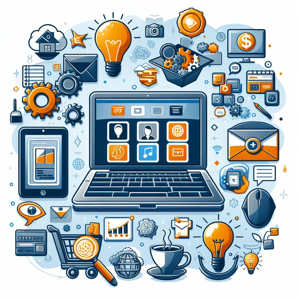 Collage of images/icons representing various digital business types, including blogging, online courses, e-commerce, and software.